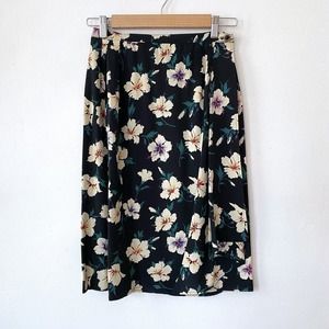 Vintage 70's Emanuel Ungaro Silk Skirt Black White Green Floral Pleated Small